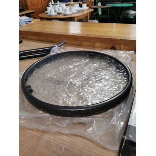 278 - Boxed as new glass topped bistro side table in good order, height 50cm diameter 40cm