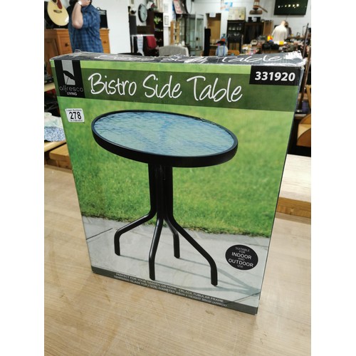 278 - Boxed as new glass topped bistro side table in good order, height 50cm diameter 40cm