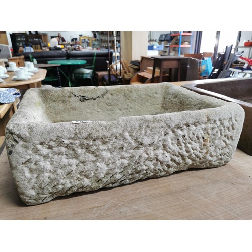 281 - Large concrete square planter with draining hole, has a chip to the side that has been re attached, ... 