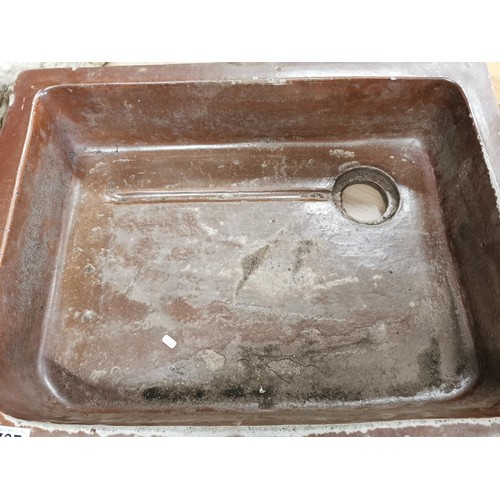 282 - Unusual brown glazed belfast corner sink in good order with swirl decoration around the sides, heigh... 