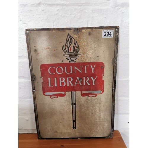 294 - Antique enamel single sided County Library sign in overall good antique condition height 45.5cm widt... 