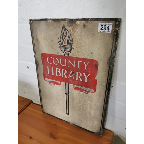 294 - Antique enamel single sided County Library sign in overall good antique condition height 45.5cm widt... 