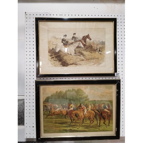 307 - 2x vintage prints of hunting scenes inc Sketches in a hunting field and False Start - Derby along wi... 