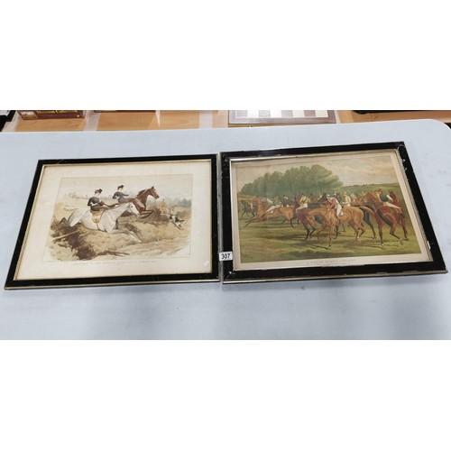 307 - 2x vintage prints of hunting scenes inc Sketches in a hunting field and False Start - Derby along wi... 