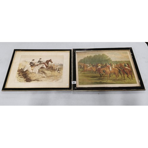 307 - 2x vintage prints of hunting scenes inc Sketches in a hunting field and False Start - Derby along wi... 