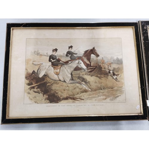 307 - 2x vintage prints of hunting scenes inc Sketches in a hunting field and False Start - Derby along wi... 