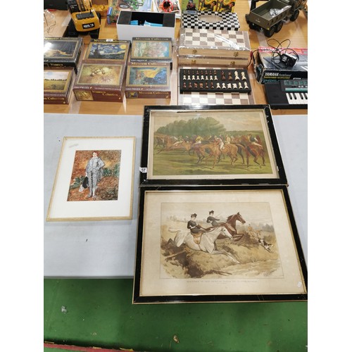 307 - 2x vintage prints of hunting scenes inc Sketches in a hunting field and False Start - Derby along wi... 