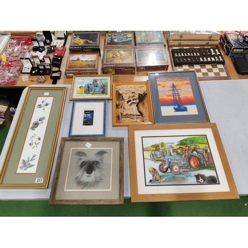 311 - Collection of 7x framed and glazed prints and embroidery covering different subjects inc 2x original... 