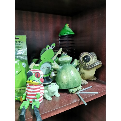 312 - Large quantity of frog related items inc soft toys, shower radio, picture frames, Kermit the frog so... 