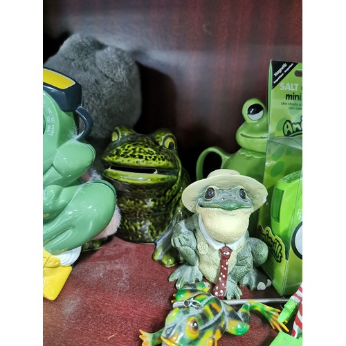 312 - Large quantity of frog related items inc soft toys, shower radio, picture frames, Kermit the frog so... 