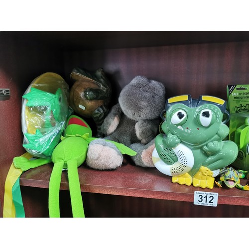 312 - Large quantity of frog related items inc soft toys, shower radio, picture frames, Kermit the frog so... 