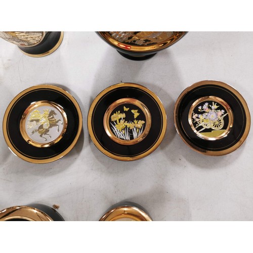 313 - Quantity of Black Chokin china items inc 9x plates, 6x trinket boxes with lids, 1x urn, 4x ginger po... 