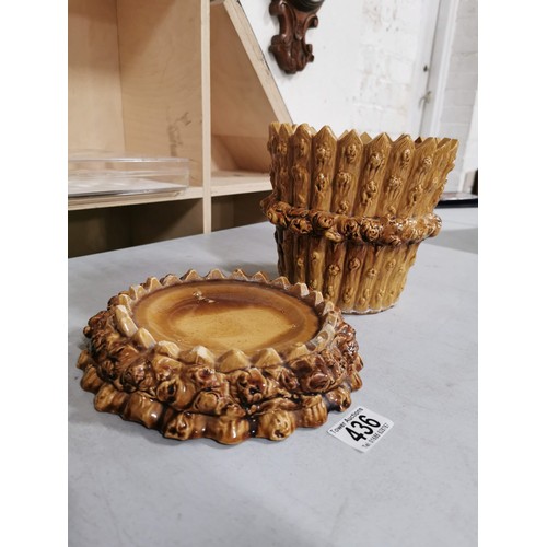 436 - Glazed planter and matching stand with  wheatsheaf decoration measures 20cm high 18cm in diameter