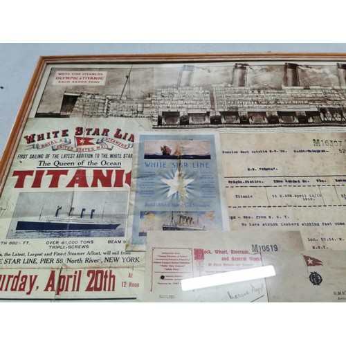 459 - Framed and glazed titanic memorabilia, inc posters letters etc  all in a frame