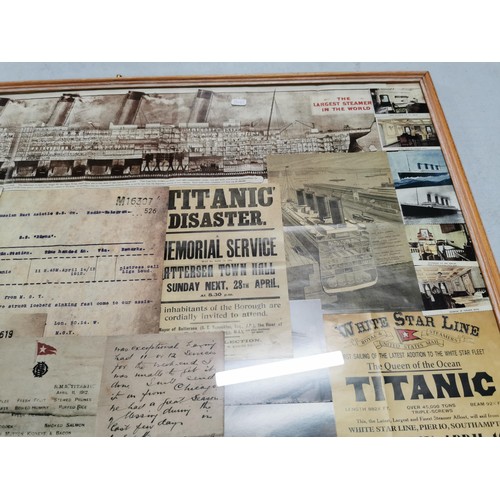 459 - Framed and glazed titanic memorabilia, inc posters letters etc  all in a frame