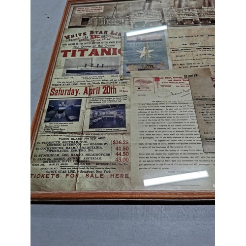 459 - Framed and glazed titanic memorabilia, inc posters letters etc  all in a frame