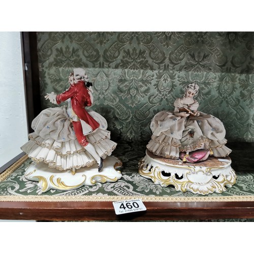 460 - 2x Capodimonte ceramic 18th century ornate figurines stamped to the base, with lace work dresses, on... 