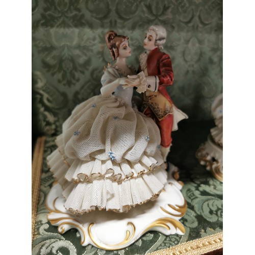 460 - 2x Capodimonte ceramic 18th century ornate figurines stamped to the base, with lace work dresses, on... 