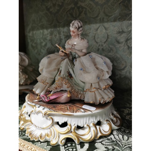 460 - 2x Capodimonte ceramic 18th century ornate figurines stamped to the base, with lace work dresses, on... 