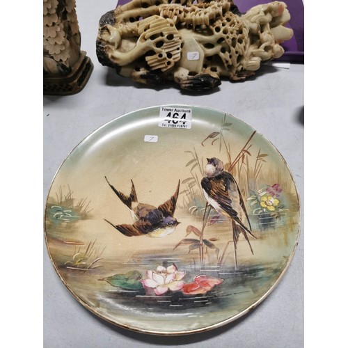 464 - A hand painted vintage plate depicting swallows over a lily pond, along with 3 well detailed soap st... 