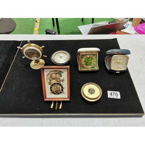 470 - Collection of travel and mantel clocks inc Smiths Coral along with thermometer and barometer