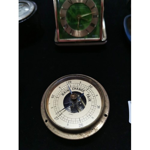 470 - Collection of travel and mantel clocks inc Smiths Coral along with thermometer and barometer