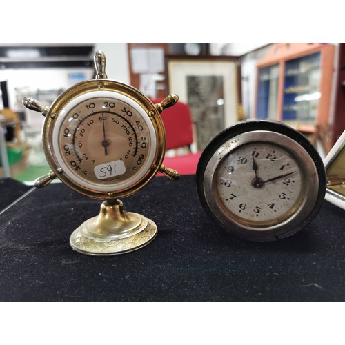 470 - Collection of travel and mantel clocks inc Smiths Coral along with thermometer and barometer