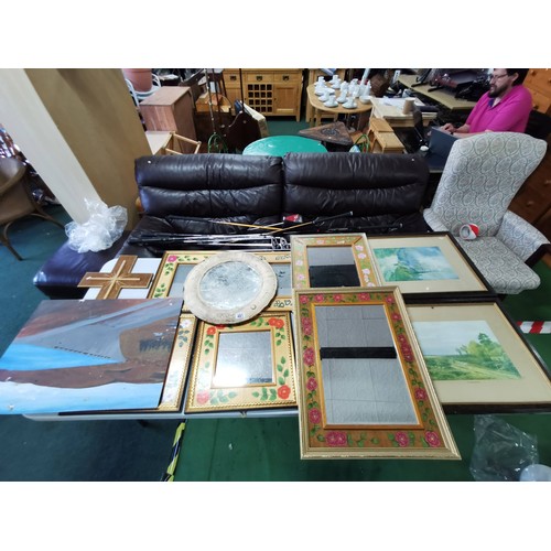 481 - Large quantity of framed mirrors with hand painted design along with a wooden cross and 2x framed an... 