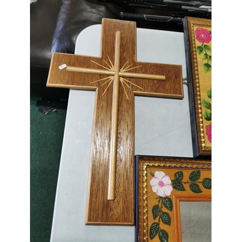 481 - Large quantity of framed mirrors with hand painted design along with a wooden cross and 2x framed an... 