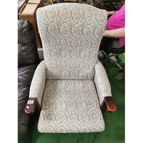 490 - Good quality fireside chair in good order with floral design 109cm high 63cm wide, 56cm deep