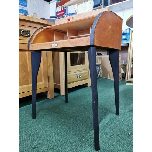 499 - Mid century child's roll top bureau by Pennine, along with a wooden boat on stand, desk stands at 70... 