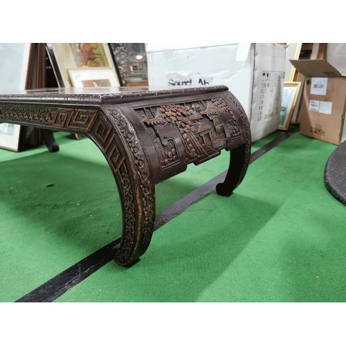 501 - Well carved Chinese camphor wood coffee table, standing on hand carved bow legs in good order, heigh... 