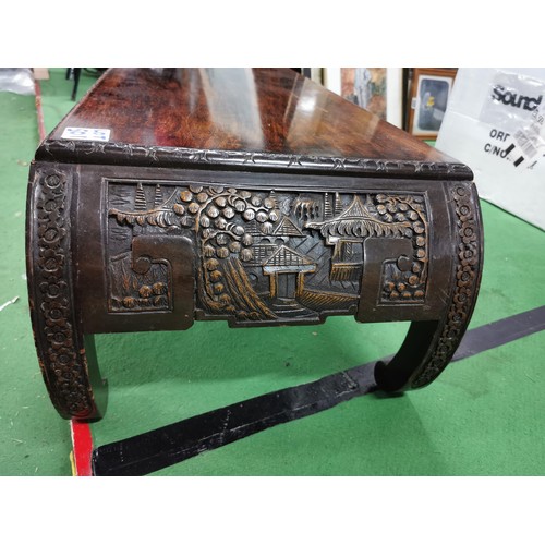 501 - Well carved Chinese camphor wood coffee table, standing on hand carved bow legs in good order, heigh... 