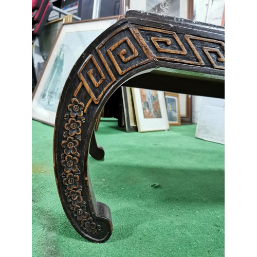 501 - Well carved Chinese camphor wood coffee table, standing on hand carved bow legs in good order, heigh... 