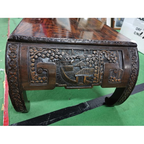 501 - Well carved Chinese camphor wood coffee table, standing on hand carved bow legs in good order, heigh... 