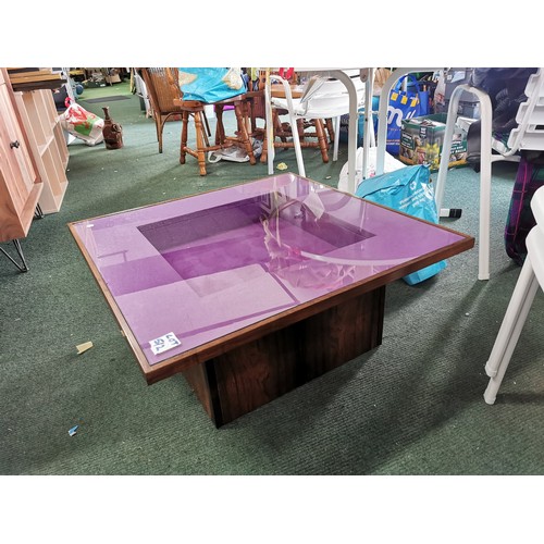 512 - Mid century glass topped display coffee table, felt lined in good order, 33cm high, 76cm squared