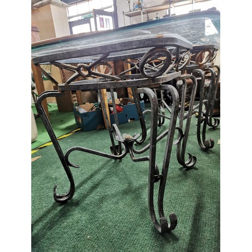 519 - Pair of metal framed glass topped tables in good order with scroll design to the feet, glass tops ar... 