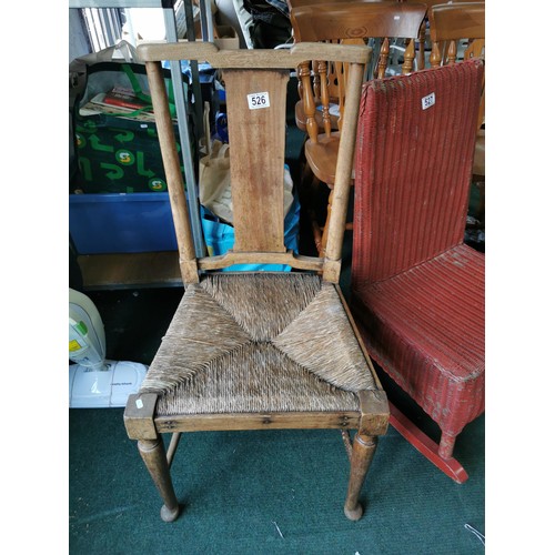 526 - Vintage elm rush seated chair sitting on bun feet in good order stands at 93cm high, 45cm wide, 39cm... 