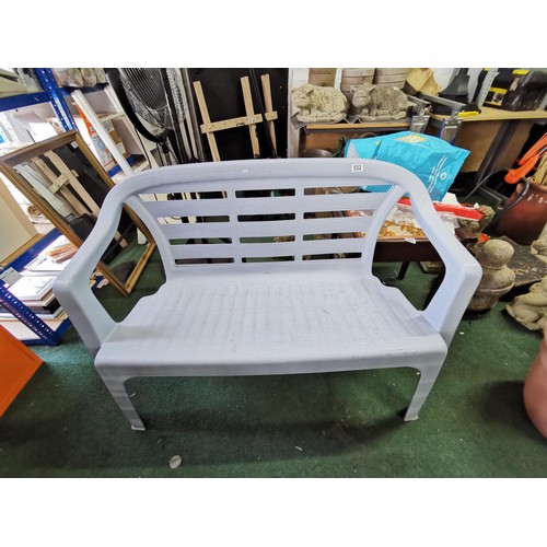 532 - Blue plastic Progarden 2 seater garden bench in good order height 81cm length 113cm