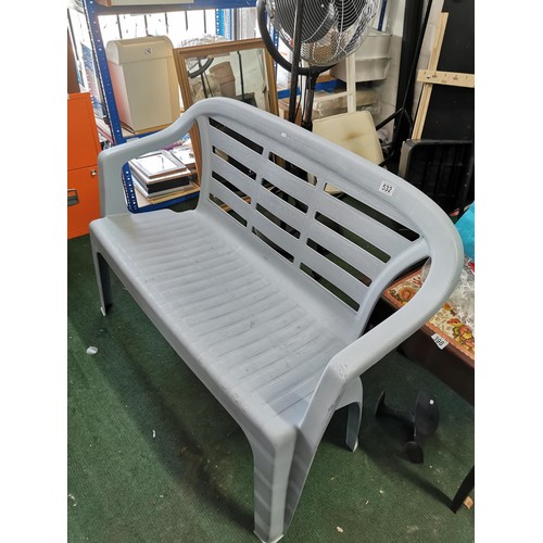 532 - Blue plastic Progarden 2 seater garden bench in good order height 81cm length 113cm