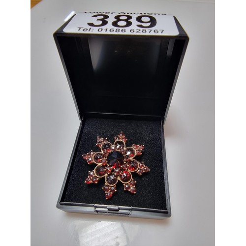 389 - A pretty hallmarked 9ct yellow gold brooch in the form of a star, inset with many garnet stones pres... 