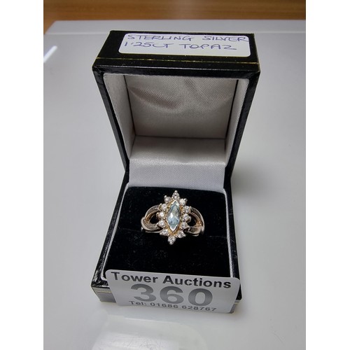 360 - A good quality ornate 925 silver dress ring inset with a blue topaz stone 1.25ct surrounded by small... 