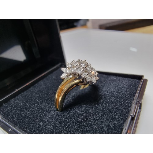 399 - A pretty hallmarked 18ct yellow gold diamond cluster ring, inset with approx 0.350 CT of diamonds wh... 