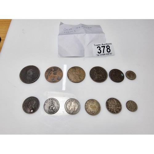 378 - A quantity of antique English coins including an 1887 silver shilling Queen Victoria with a Jubilee ... 