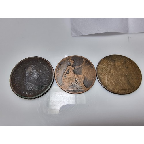 378 - A quantity of antique English coins including an 1887 silver shilling Queen Victoria with a Jubilee ... 