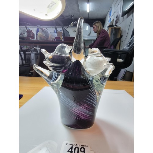 409 - A large unusual art glass paperweight by a unknown maker of good quality featuring 2 birds on branch... 