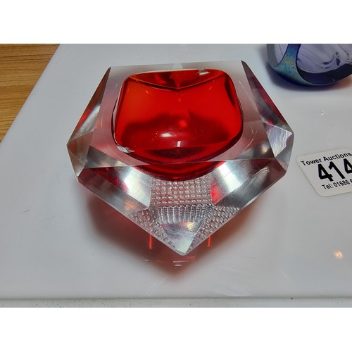 414 - A rare Morano red faceted bowl circa 1940's by Flavio Poli, along with an unusual art glass paperwei... 