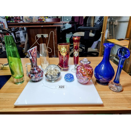 420 - A large collection of 10 pieces of good quality art glass to include 2 glass paperweights, a Murano ... 