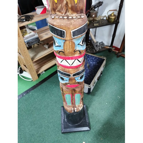 86 - Tall ornate totem pole with carved figures in vivid colours,  inc eagle carving to the top with wing... 