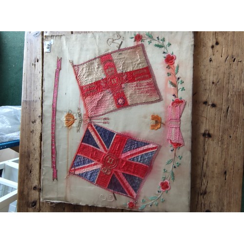 85 - A framed silk of the Cheshire regiment depicting 2 regimental flags and the Cheshire emblem to the t... 